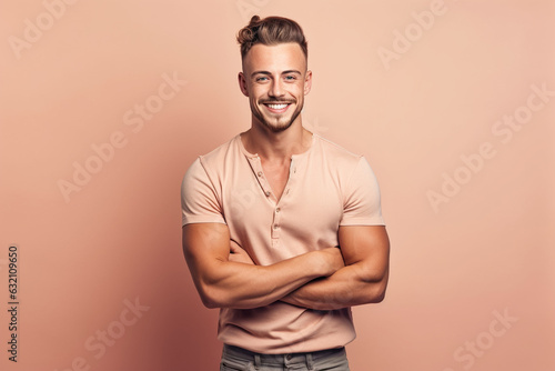 Handsome blond man with a goatee smiling with arms crossed on a pink background. Generative AI.