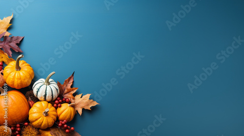 A banner or greeting card backdrop for Thanksgiving festivities, featuring an autumnal pumpkin and fall leaves against a blue background.