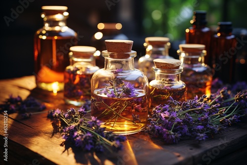 Assortment of natural oils in glass bottles. Concept of pure organic ingredients in cosmetology. Atmosphere of harmony, relax, spa. Spa still life with essential oils on table. 