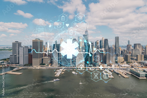Aerial panoramic helicopter city view on Lower Manhattan district and financial Downtown, New York, USA. Health care digital medicine hologram. The concept of treatment and disease prevention