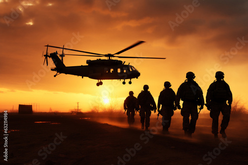 Siluetas de militares bajándose de un helicóptero. IA Generativa 