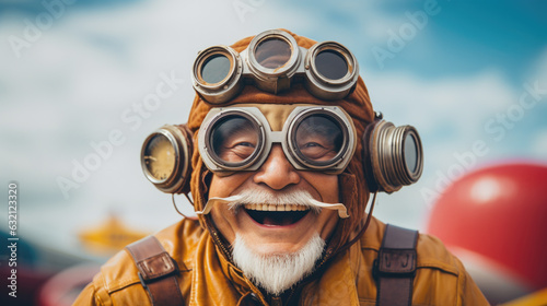 crazy old man with aviator gear and hat with multiple glasses in style of steampunk