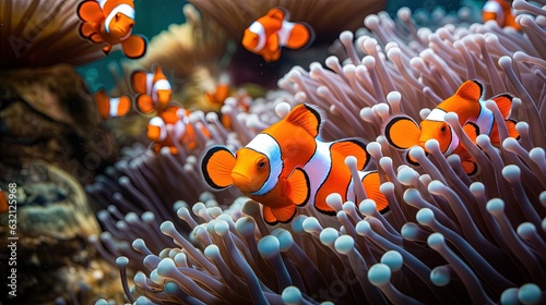  a group of clown fish swimming around anemone in an aquarium. generative ai