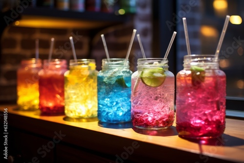 Colorful cocktails in jar with ice on the beach bar table close-up