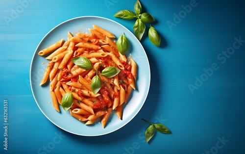 Penne pasta with tomato sauce, parmesan cheese and basil on modern blue background. Top view with copy space, rustic, cottage core, sunlight, AI Generated