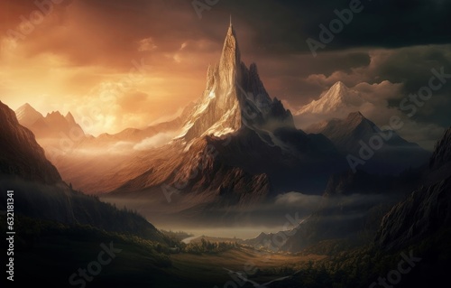 Lonely Mountain fantasy landscape, Generative AI