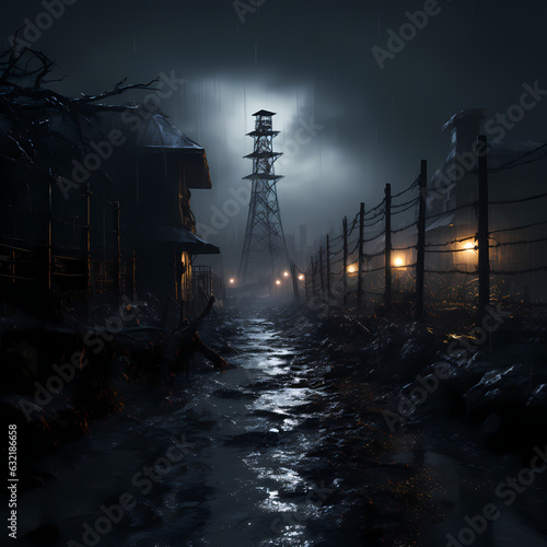 Prisoner of Desolation: Cinematic Rain and Spotlight in Gulag Atmosphere, Generative AI