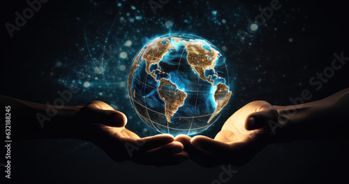 Hands holding circular globe of Earth, containing information and data, in luminous 3D model style.