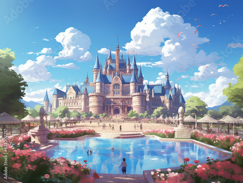 お城のあるテーマパーク遊園地アニメ背景