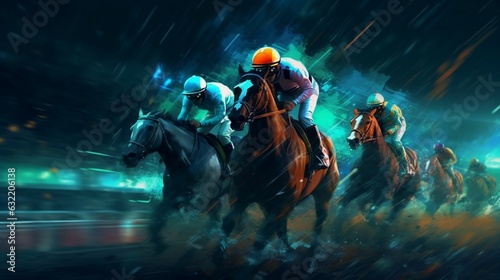 Horse racing at night.Digital illustration of thoroug.Generative AI