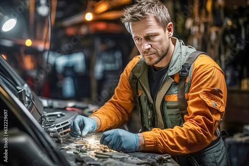 Konzentrierter Techniker in einer Werkstatt bei der Arbeit mit Freiraum zum Einfügen eines Produktes.