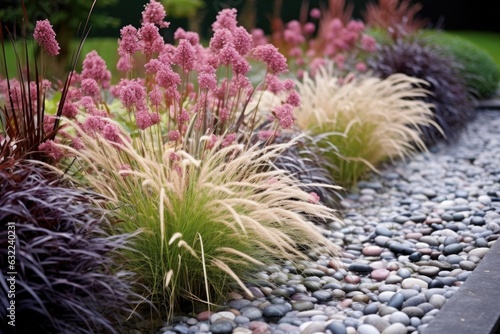 diy pond edging with pebbles and ornamental grasses