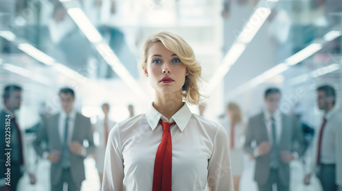 Abuse, harassment at work concept. Portrait of an insecure beautiful blond woman in office in crowd of men, confused secretary wearing white blouse and red tie at work