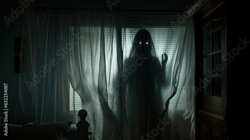 Blurred ghost silhouette in bedroom window at night horror scene on Halloween