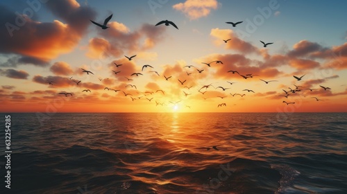 Birds in v shape flying over the sea at sunset symbolizing freedom and the autumn equinox