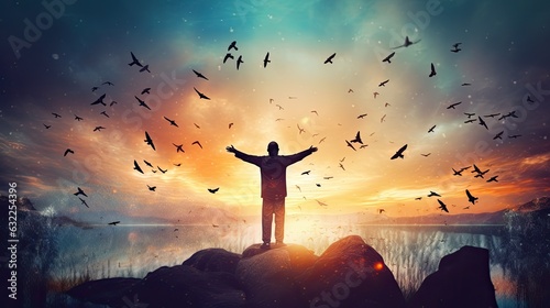 Man experiences freedom and adventure while raising hands against sunset sky with bird fly background Vintage filter adds color and style