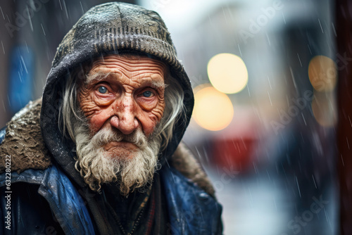 portrait of homeless vagabond in the rain. tough life