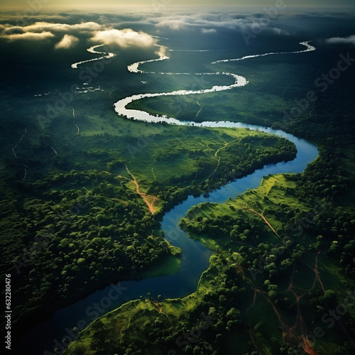 ariel view of of a river running through the forest