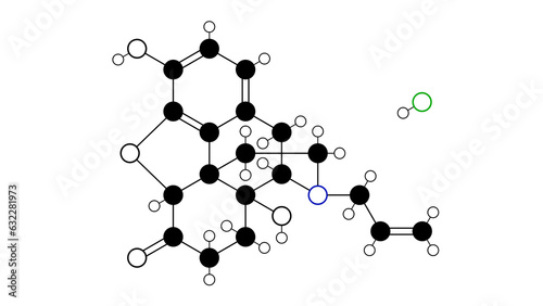 naloxone hydrochloride molecule, structural chemical formula, ball-and-stick model, isolated image opioid antagonist