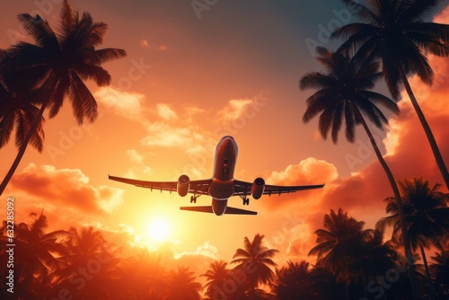 Silhouette of airplane flying above palm trees at sunset. Travel concept, Airplane flying above palm trees in clear sunset sky with sun rays, AI Generated