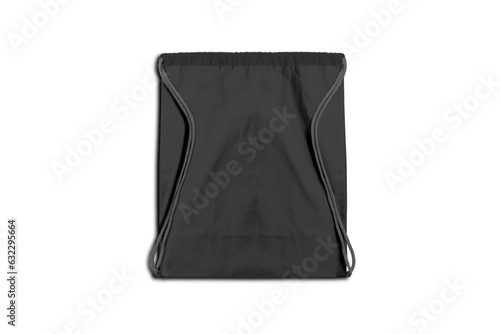 Sport drawstring backpack, gym sack mockup isolated on white background. Cinch tote bag black front and side view. Knapsack, schoolbag, rucksack with ropes template. 3d rendering.