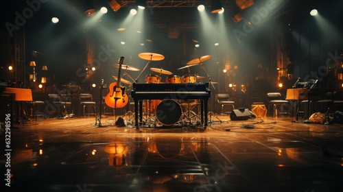 A stage set up indoors for the band to perform. Variety shows, no people, stage lighting, exquisite, no cars, Center the composition, octane render