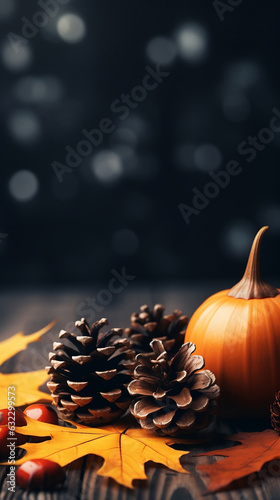 Halloween pumpkin and autumn leaves and pines on a black bokeh background vertical banner for Instagram story with copy space