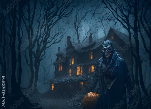 Evil creature with Halloween pumpking head. Monster Jack-o-lantern face standing in front of a haunted house in the woods.