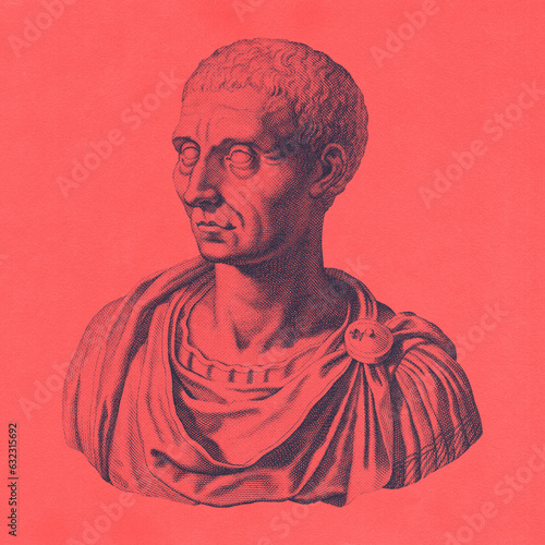 Roman Bust Emperor Julius Caesar Halftone Illustration Ancient Rome Political Figure Empire History