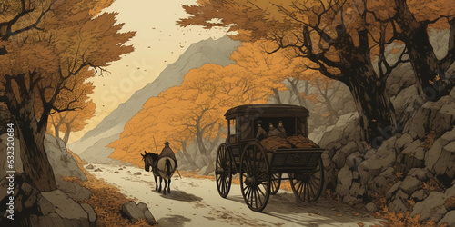 Japanese Ukiyo - e style illustration, ancient wooden carriage on a stone paved road through a misty mountain, high details, rich textures, autumn leaves, calming, spiritual, serene, traditional