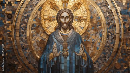 Byzantine mosaic art piece, shimmering gold tiles creating a religious icon, focus on intricate details and reflective light