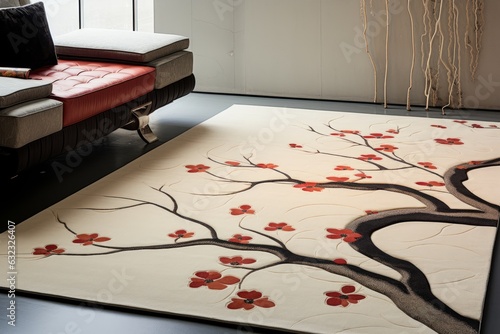 Alfombra tufting estilo japones aesthetic, decoración salón estilo japones, alfombra con diseño de cerezo en flor