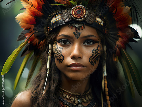 Exquisite tribal woman from the heart of the Amazon rainforest, captured in a striking and captivating portrait. Beautiful tribal woman with headdress of native people.
