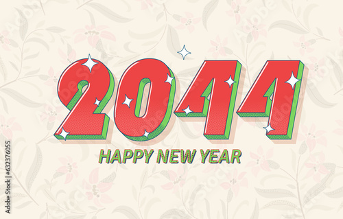 Happy New Year 2044 Numbers Written In a Red Bold Font On Floral Background.