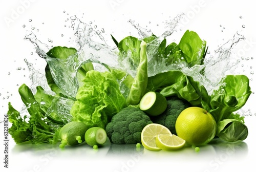 fresh green vegetables with water splashes isolated on white background. generative ai