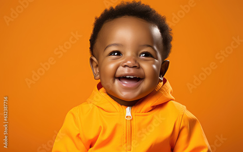 Portrait of a cute little African American baby laughing on orange background. created by generative AI technology.