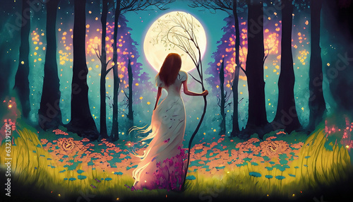 mujer chamana bruja blanca sabia en el bosque a la noche