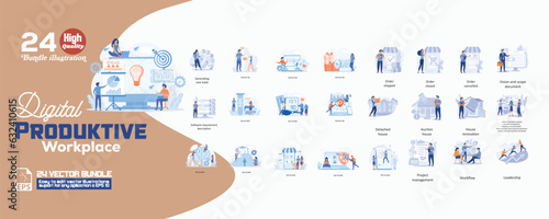 Digital productive workplace concept illustration, collection of male and female business people scenes in the digital productive workplace scene. mega set flat vector modern illustration