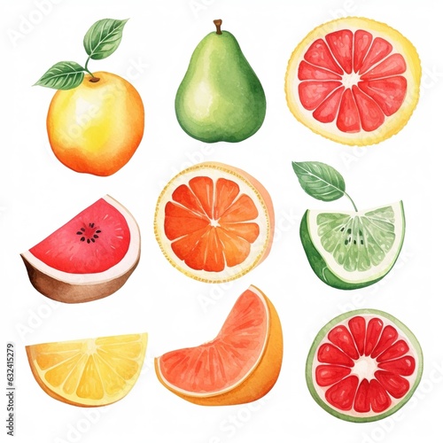 A variety of mouthwatering watercolor fruits. Generative AI
