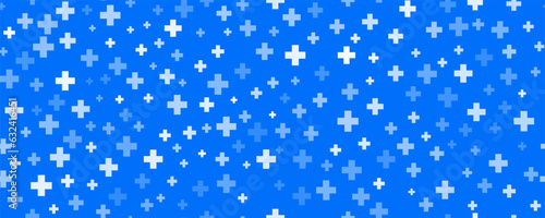 Medical cross and plus background. Abstract seamless blue pattern for hospital and pharmacy. Geometrical shapes ornament. Vector backdrop