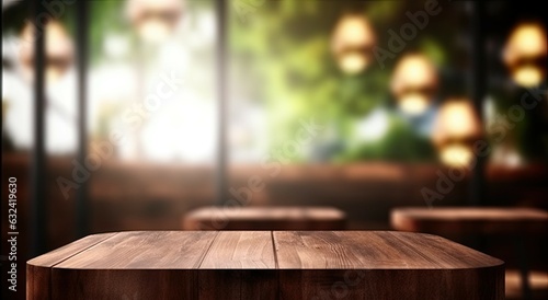 Abstract montage of business space and decor. Vintage coffee shop. Luxury breakfast and retro vibes. Vintage advertising with empty wooden tabletop