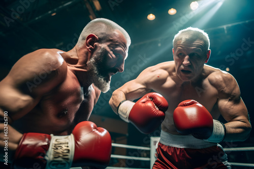 Two professional elderly men boxer boxing on ring stage with light shine upon them