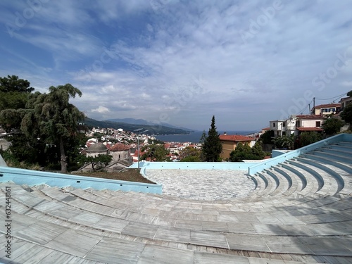 antique theatre view of samos with greek houses and sea, vathy, samos, greece