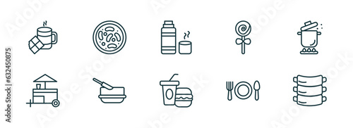 set of 10 linear icons from food concept. outline icons such as hot chote, red bean soup, thermo flask, junk food, eatery, ribs vector