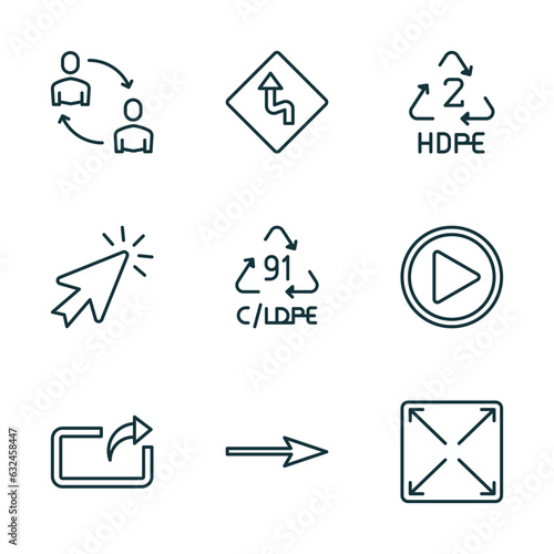 set of 9 linear icons from user interface concept. outline icons such as exchange personel, left reverse curve, hdpe 2, export arrow, arrow pointing right, expand button vector