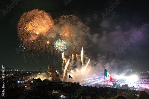 View Downtown Mexico City landscape city in Mexican Independence day celebration on fifteen of September with fireworks