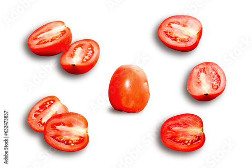 Set of cut out tomato on white background