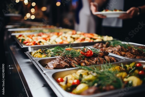 Catering buffet food indoor in restaurant with grilled meat.