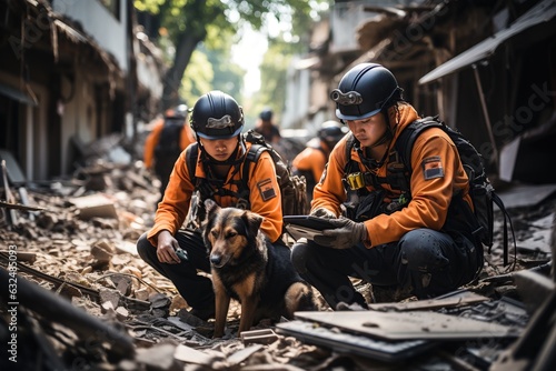 USAR (Urban Search and Rescue), along with their K9 search and rescue dogs. mobilizing to search for earthquake survivors amid the rubble of a collapsed building. Generated with AI