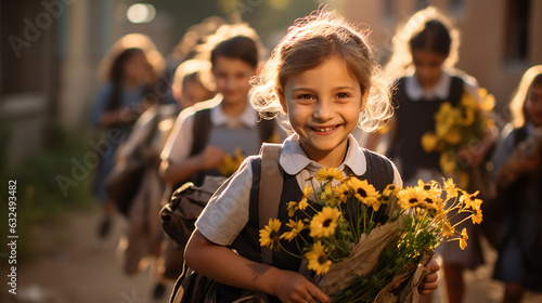 The morning arrives with gentle September light, marking the joyful years of children returning to school. Kids in bright backpacks and fresh uniforms smile, carrying flowers for 